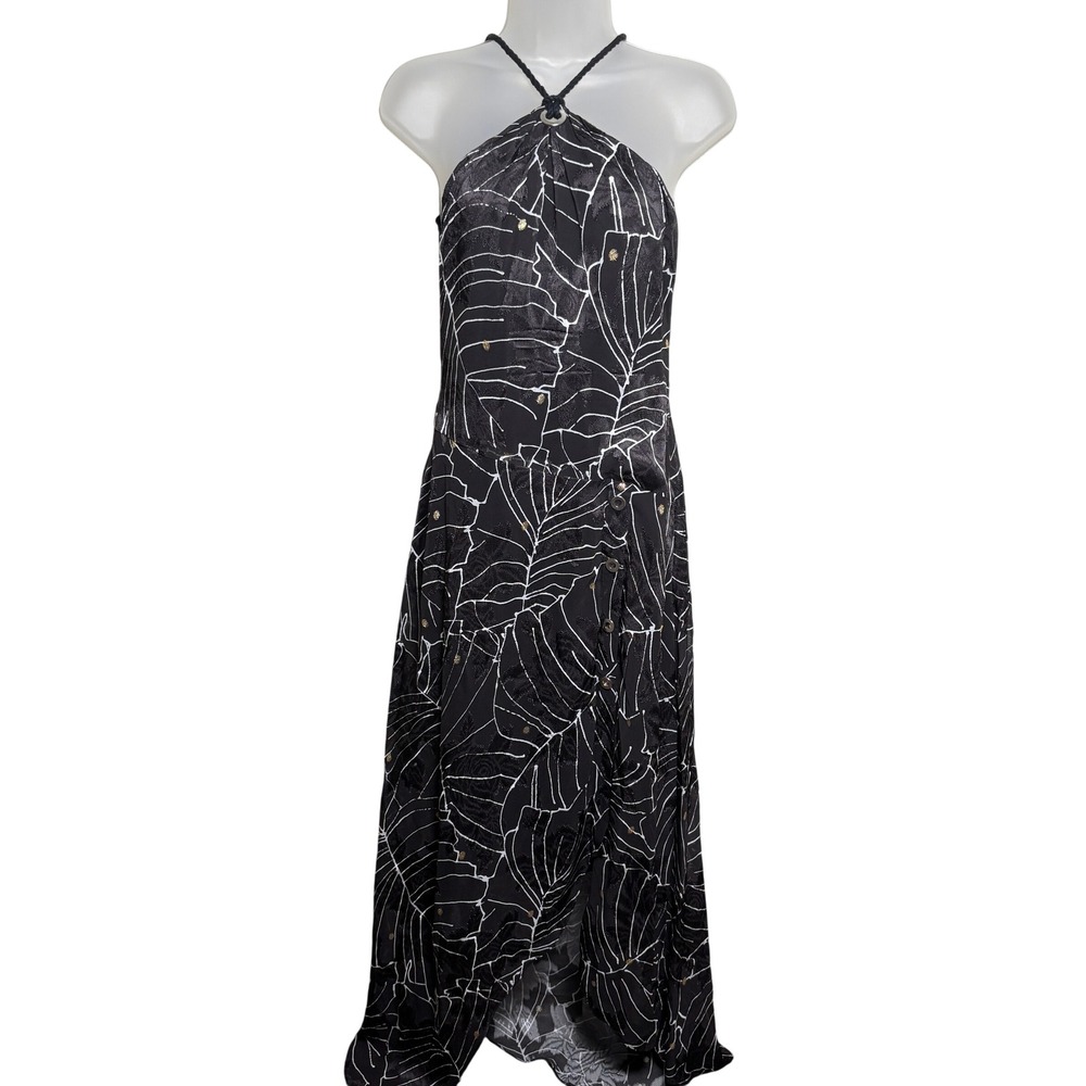 Yigal Azrouël Black White Abstract Palm Leaf Side Zip Halter Maxi Dress Womens 2
